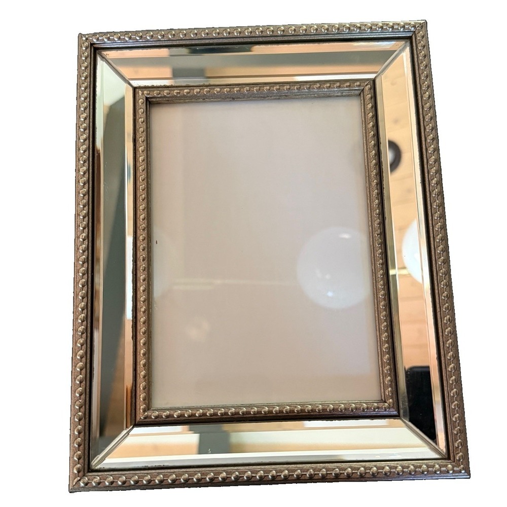 Mirrored 5x7 Photo Frame Beveled Glass Champagne Gold Beaded Trim Vintage Glam